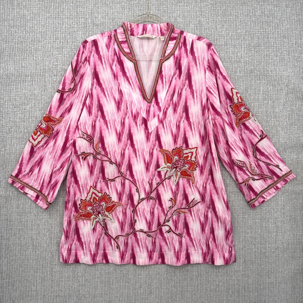 Soft Surroundings Tunic‎ Top Sz M Floral Embroidered 3/4 Boho Pink Statement